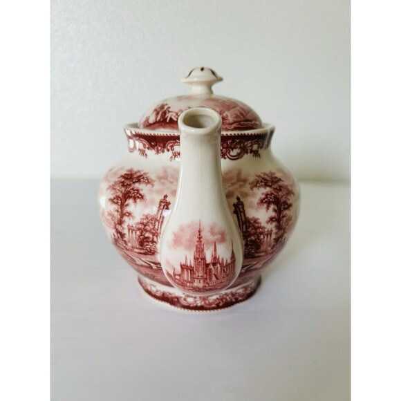 Vintage Red Transferware Teapot w/Lid Victorian Ironstone Castle Cranberry Toile - Picture 4 of 7
